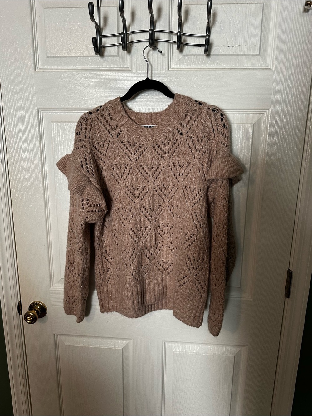 Old Navy Open-Knit Ruffle Sleeve Sweater - Taupe